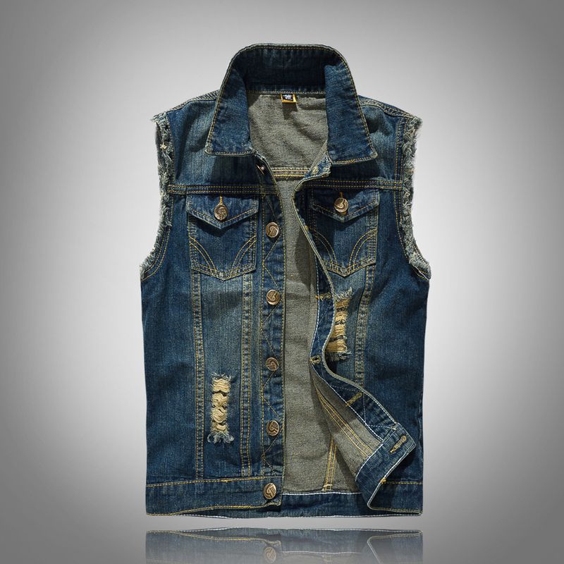 Herrenbekleidung Herren Slim-Fit Mode Herren Jeansweste Motorradweste Weste Zerrissene Herrenweste_voghion.com