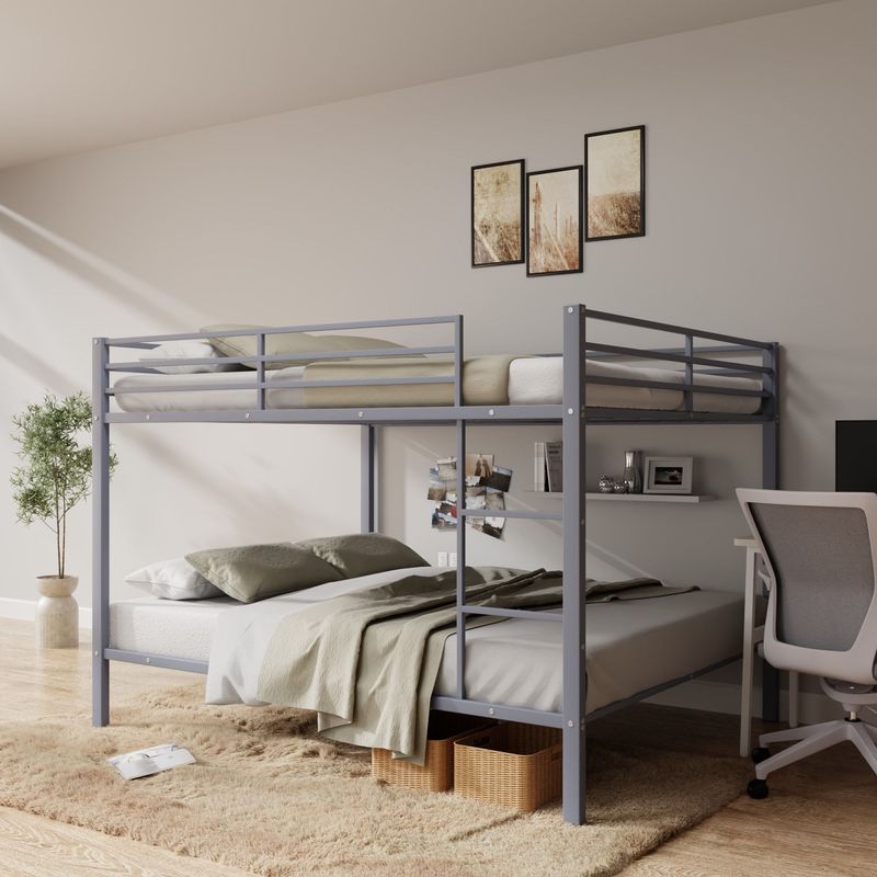 Full Over Full Bunk Bed, Heavy Duty Metal Bunk Bed Frame With Built-in Ladder And Safety Guard Rail, Low Metal Bunk Bed Frame For Kids, No Boxspring Required, For Small Spaces,Gray_voghion.com