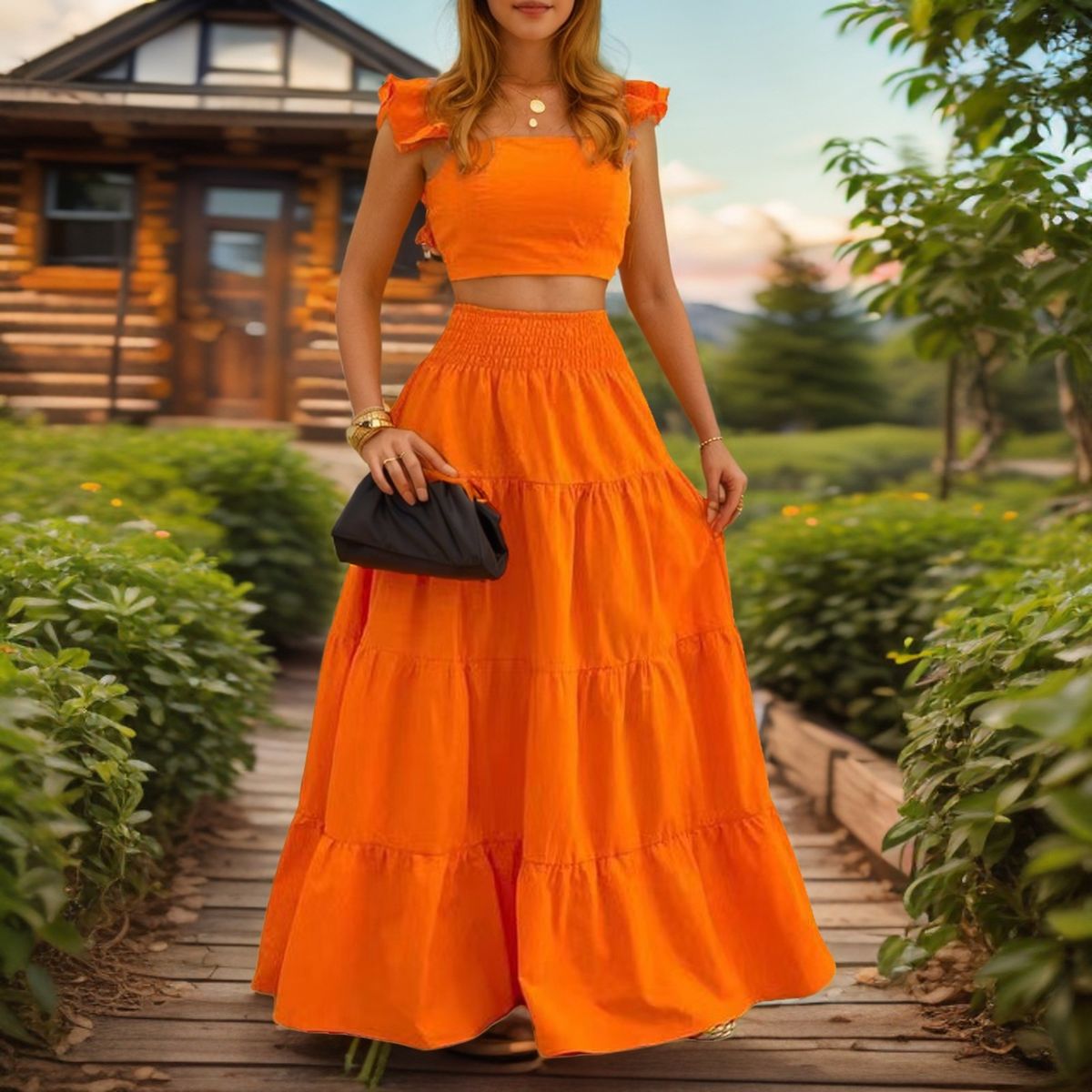 2024 Summer Neie Stil Sexy Einfarweg Mëtt Taille Hosenträger Grouss Schaukel Zwee-Stéck Set Kleed_voghion.com