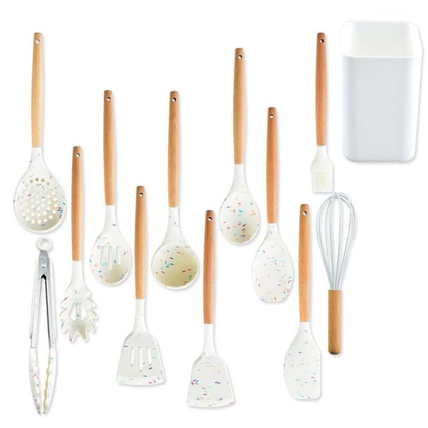 Set da cucina in silicone da 11 pezzi, spatola antiaderente, manico in legno, utensili da cucina, kit di utensili da cucina, set di utensili da cucina_voghion.com