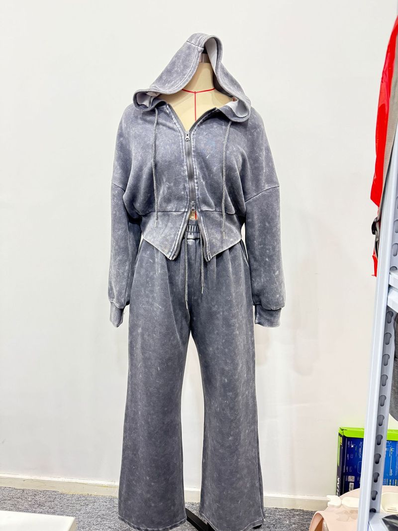 Women's Clothing Washed Distressed Sweater Suit Women's Long Sleeved Zipper Hooded Top Straight High Waist Casual Sweatpants_voghion.com