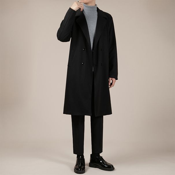 Langer Trenchcoat aus Wollmischung für Herren – Übergroßer zweireihiger Mantel mit Revers (M-XXXL, Schwarz/Braun)_voghion.com