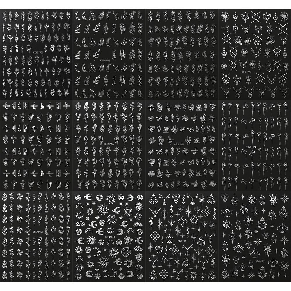 12-delige vergulde plantennagelstickerset - Goud, Zilver, Zwart, Wit | Zelfklevende nail art stickers_voghion.com