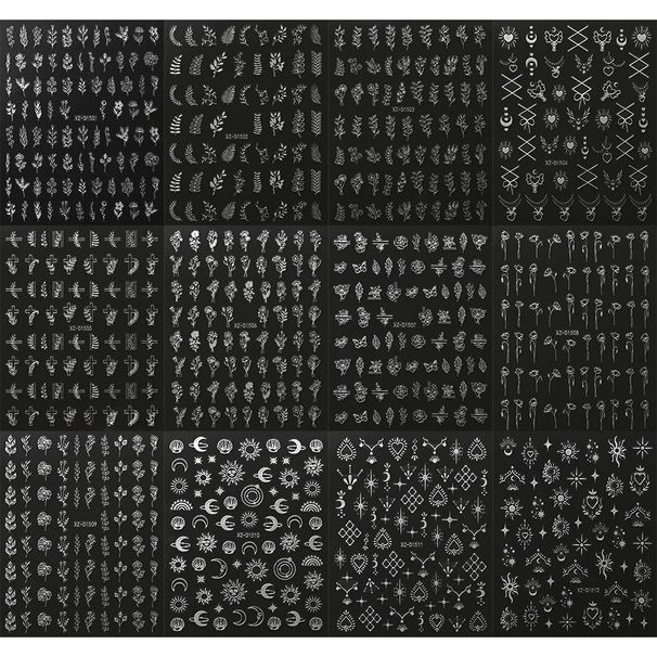 12-delige vergulde plantennagelstickerset - Goud, Zilver, Zwart, Wit | Zelfklevende nail art stickers_voghion.com