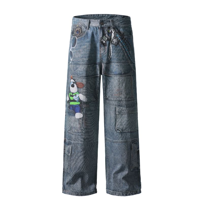 Herrenbekleidung Retro Washed Digital Printing Loose Work Jeans Herren Fun Doll Design Gerade Hose_voghion.com