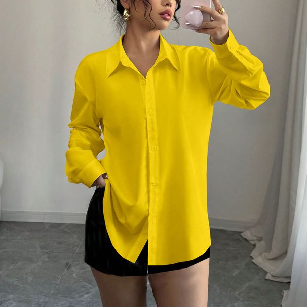 Lässige, elegante Bluse für Damen, lockere Passform, Button-Down-Hemd mit fließenden Ärmeln, weiche Polyestermischung für das Büro und das Wochenende_voghion.com