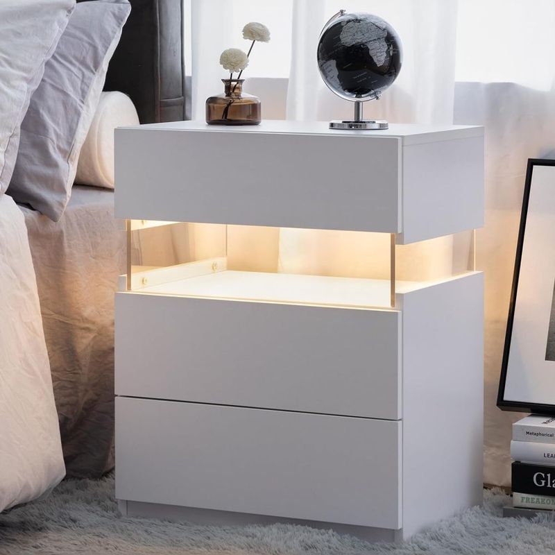 Comodini a LED con 3 cassetti, comodino per camera da letto con pannello in acrilico, comodini a LED per camera da letto, soggiorno, comodino (bianco)_voghion.com
