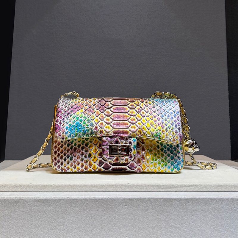 Xi Xidi Er Xiao CD 2024 Spring New Colored Snake Pattern Genuine Leather Small Fragrant Wind Chain Bag Women's Crossbody Shoulder Bag_voghion.com