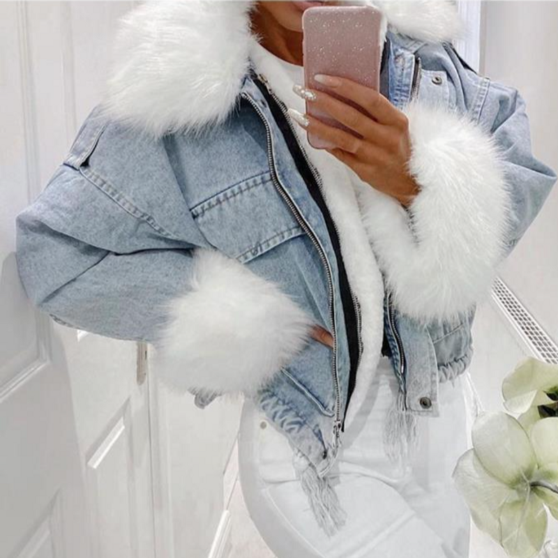 Women's Clothing washed water grinding white denim short fur integrated clip_voghion.com