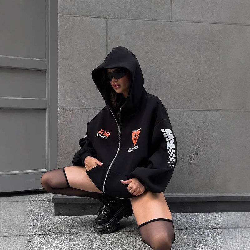 Women's Clothing Fashion New Zipper Hooded Sweatshirt For Women Trendy Brand Logo Letter Print Oversize Jacket Autumn And Winter Style_voghion.com