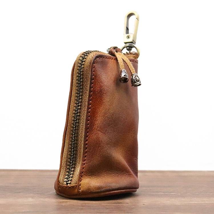 New Style Top Grain Leather Vegetable Tanned Leather Vintage Distressed Key Bag Men's Large Capacity Waist Hanging Distressed Leather Key Bag_voghion.com