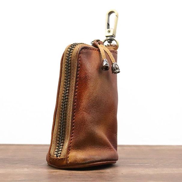 New Style Top Grain Leather Vegetable Tanned Leather Vintage Distressed Key Bag Men's Large Capacity Waist Hanging Distressed Leather Key Bag_voghion.com