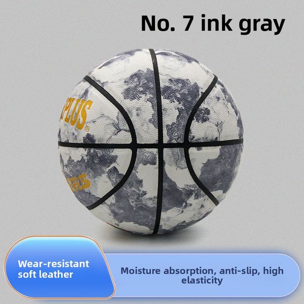 Pallone da basket da strada a 7 pannelli - Design personalizzabile in similpelle con schizzi di inchiostro per gioco al chiuso/all'aperto (grigio/blu/rosa)_voghion.com