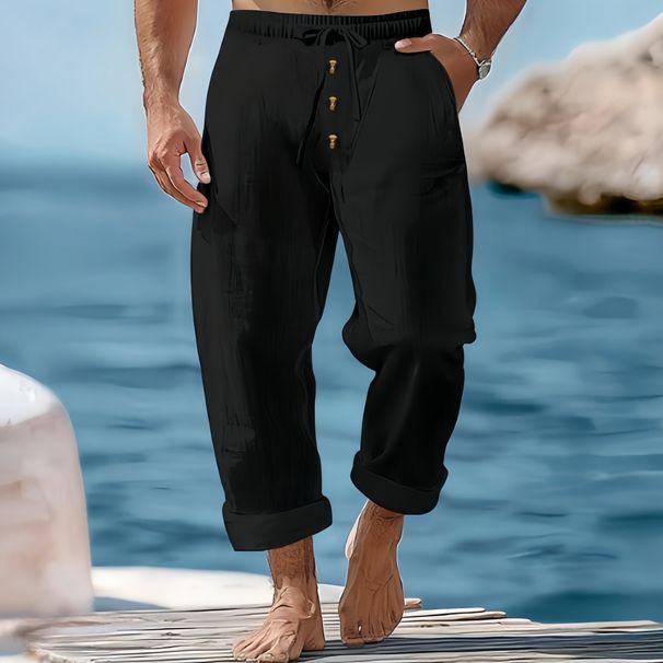 Men's Clothing Spring And Autumn Pants Solid Color Cotton And Linen Loose Drawstring Button Casual Trousers Men_voghion.com