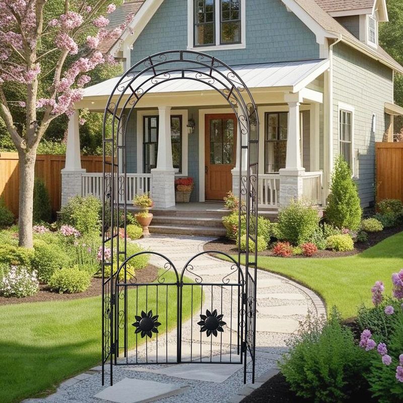 Metal Garden Arch With Doors Garden Arbor Trellis Climbing Plants Support Arch Outdoor Arch Wedding Arch Party Events Archway Black_voghion.com