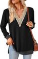 iChunhua Womens V Neck Lace Trim Lightweight Soft Jumpers Ladies Colour Contrasts Splits Side Relaxed Fit Tunic Tops_voghion.com