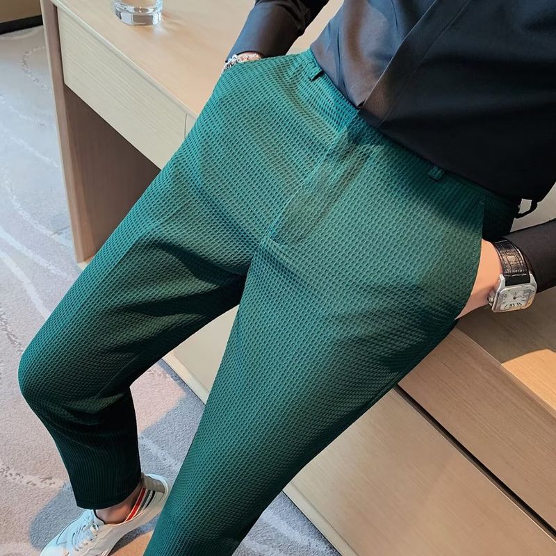 Men's Clothing Waffle Casual Trousers Summer Thin Business Suit Trousers Slim Fit Small Feet Free Ironing High End Suit Trousers_voghion.com