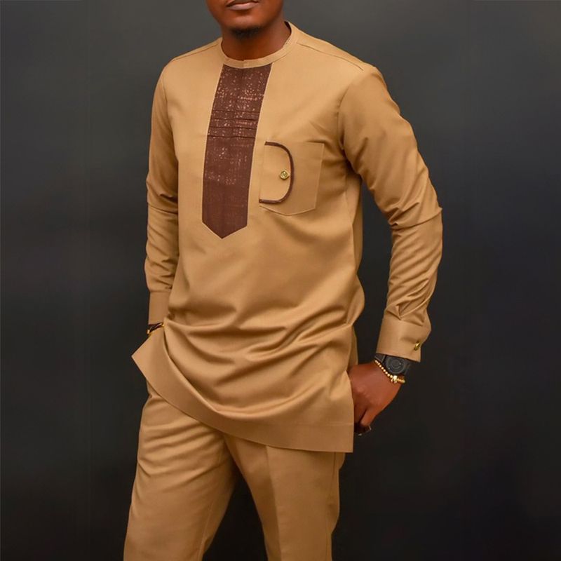 Men's Clothing Traditional Muslim Wedding New Suit 2 Piece Set Round Neck Long Sleeve Top Plus Pants_voghion.com