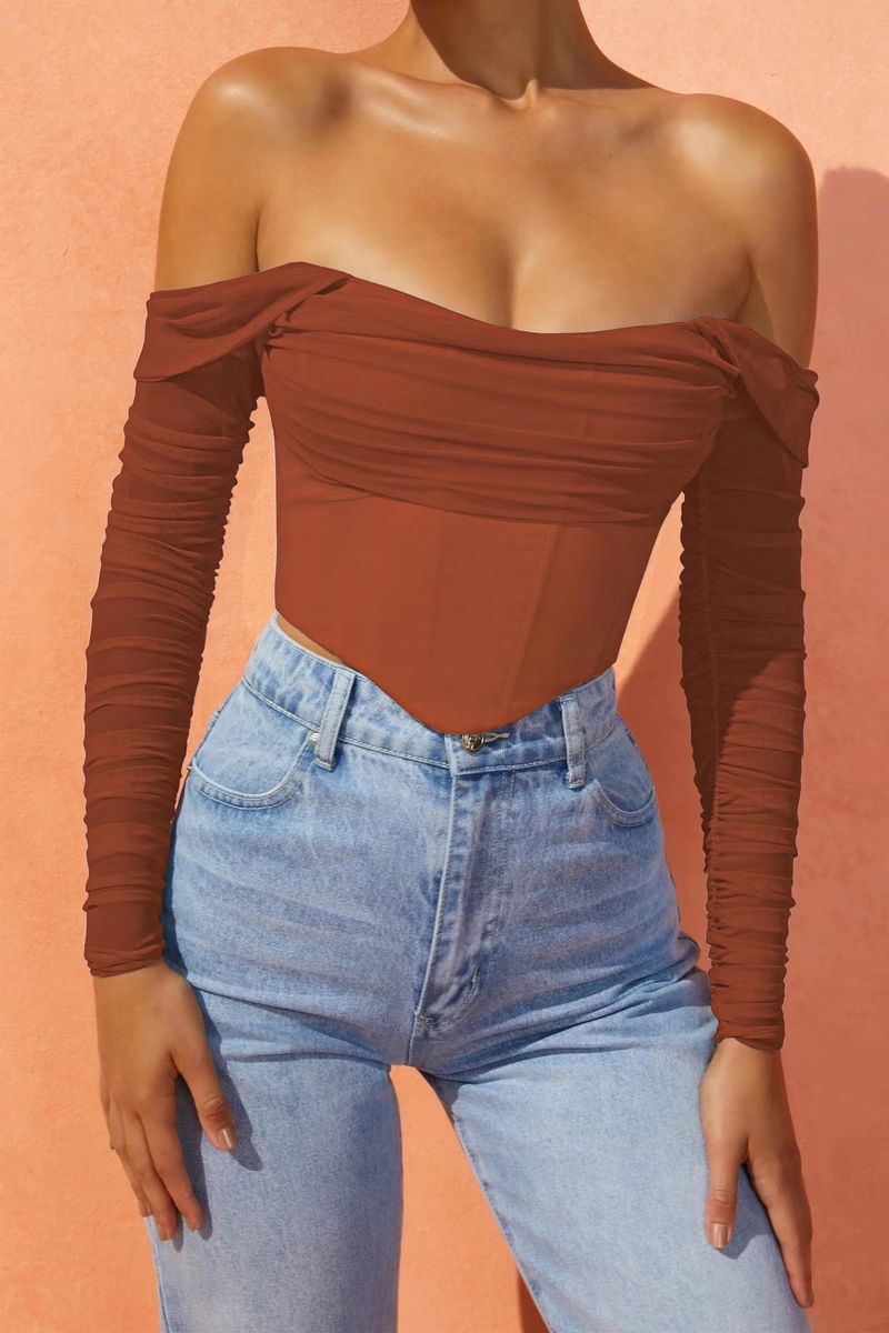 Damenbekleidung Herbst und Winter Mesh Fishbone Perspektive Eine Schulter Nabel Freiliegende Kurze Langarm Tops Für Frauen_voghion.com