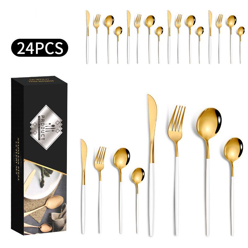 Set da 24 pezzi in acciaio inossidabile con coltello, forchetta e cucchiaio da bistecca western color oro_voghion.com