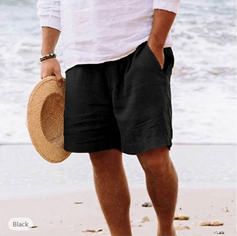 Men's Clothing Summer new cotton and linen shorts drawstring elastic waist straight leg solid color breathable daily beach five-point casual shorts_voghion.com