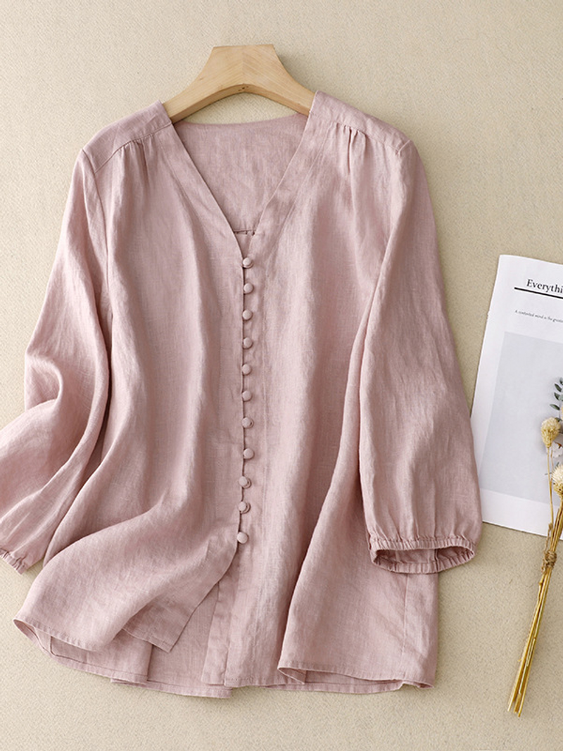 Damenbekleidung Real Shot Of Ramie-Shirt für Damen mit neun spitzen Ärmeln, V-Ausschnitt, Puffärmel-Oberteil_voghion.com
