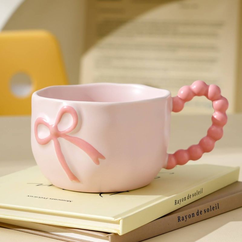 Design de caneca de creme com laço feito à mão para escritório, meninas, copo de água, xícara de café, xícara de café da manhã caseiro_voghion.com