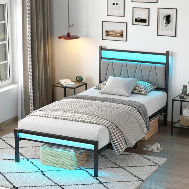 Bed Frame With Charging Station, Metal Platform Bed Frame With Fabric Upholstered Headboard, No Box Spring Needed, Large Under Bed Storage, Non-Slip_voghion.com