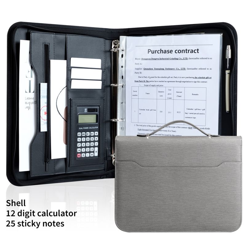 A4 leather business folder with calculator folder four hole binder multi function portable zipper manager folder_voghion.com