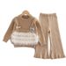 Set aus Strickpullover und Schlaghose für Mädchen – Koreanischer Stil, 3–8 Jahre (90–130 cm), weiche Polyestermischung, Schleifenakzent, Beige/Pink/Khaki_voghion.com