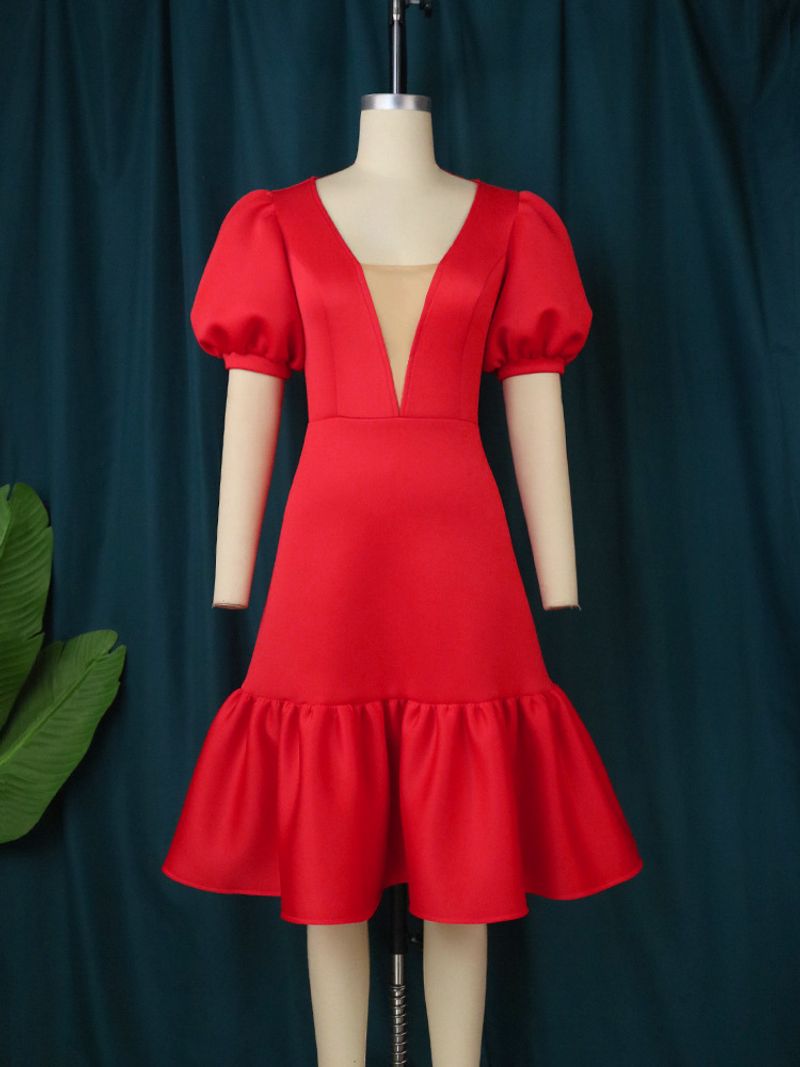 large size casual lantern sleeve hip skirt Christmas gift personality patchwork dress dress_voghion.com