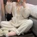 Court Style Square Collar Pajamas Girls Autumn And Winter White Bow Pajamas Loungewear Suit_voghion.com