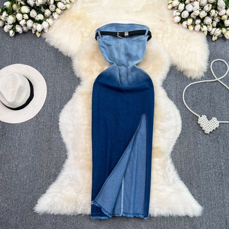 Gradiente dança alça de ombro denim tubo vestido superior menina quente sexy cintura fenda saia quadril_voghion.com