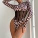 New Women's Wild Leopard Print Sexy Splicing Transparent Mesh Body Shaping Jumpsuit Long Sleeved Leopard Print Dress_voghion.com