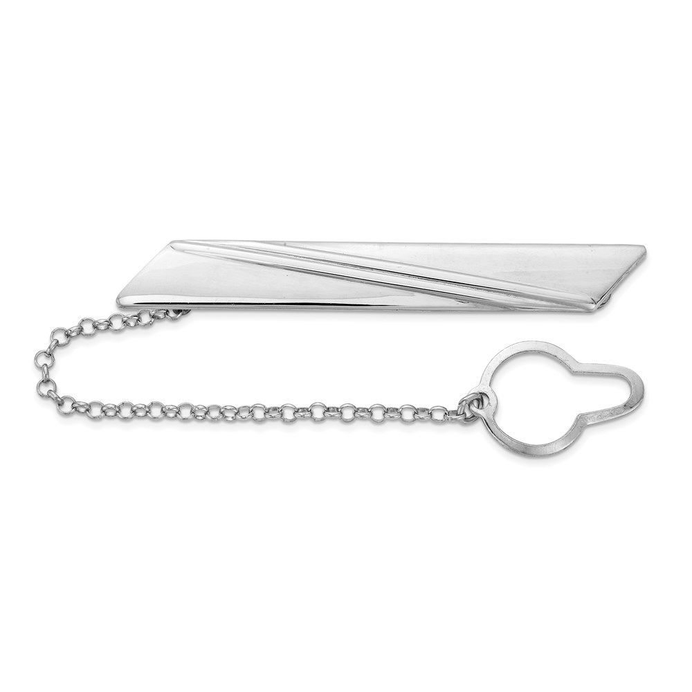 Sterling Silver Rhodium-plated Stripe Design W/Button Chain Tie Bar_voghion.com
