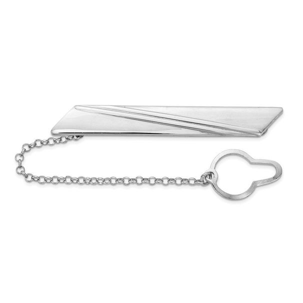 Sterling Silver Rhodium-plated Stripe Design W/Button Chain Tie Bar_voghion.com