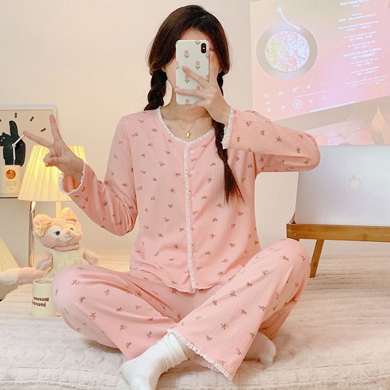 Wrinkled fabric  cotton pajamas for women in the spring and autumn of 2023, Korean style floral cardigan,_voghion.com