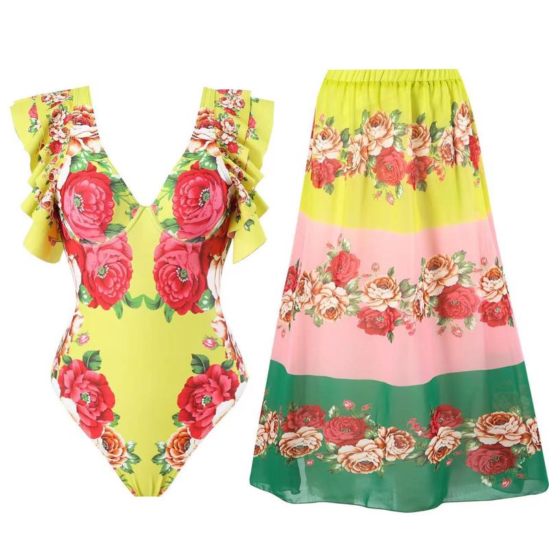 European and American conservative one piece swimsuit with double shoulder ruffled edges, conservative swimsuit with loose and comfortable long skirt_voghion.com