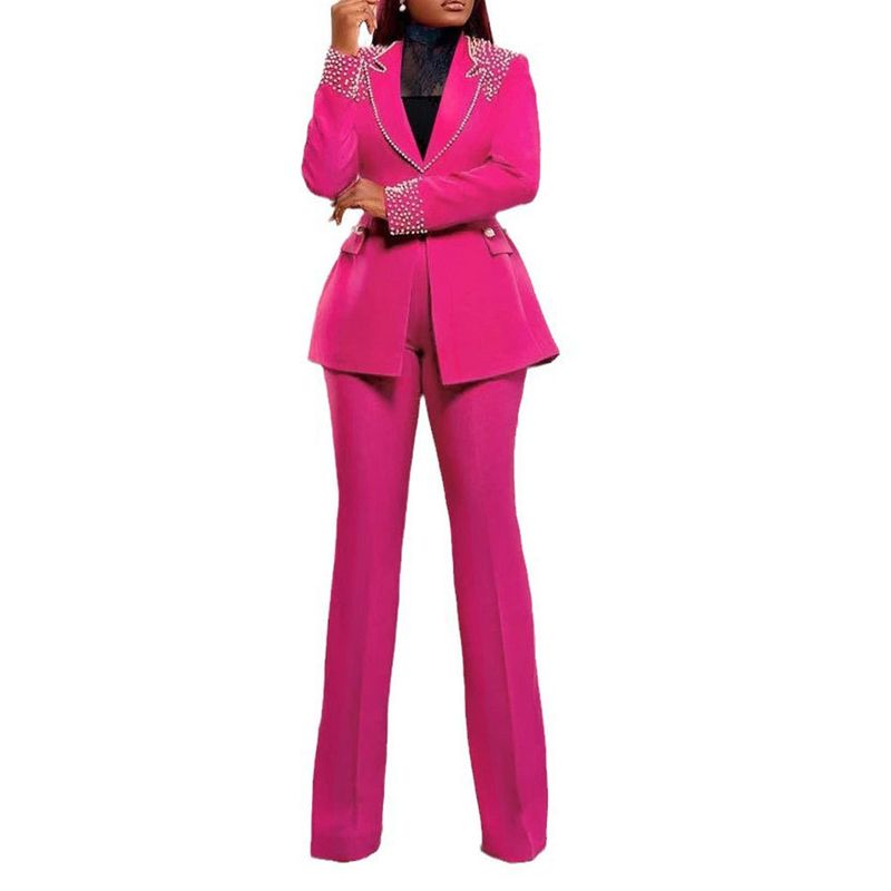 Damenbekleidung Perlen Langarm Slim Stretch Anzug Zweiteiliger Anzug_voghion.com