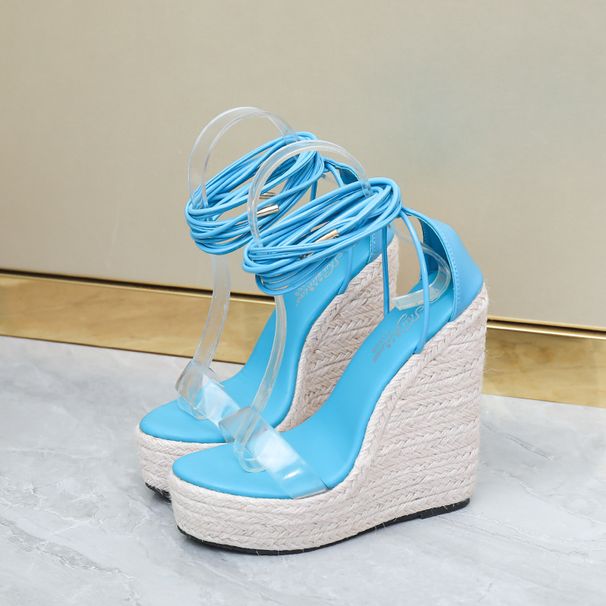 Damsandaler i flätat juterep - Gröna platåskor med kilklack för sommaren, för breda fötter (plus size finns)_voghion.com