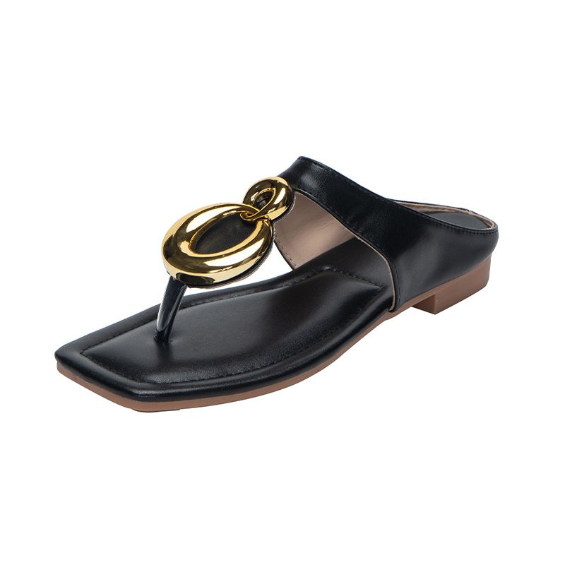Platte damesslippers met vierkante neus, instapschoenen met open teen in effen kleur, veelzijdige dagelijkse strandslippers_voghion.com