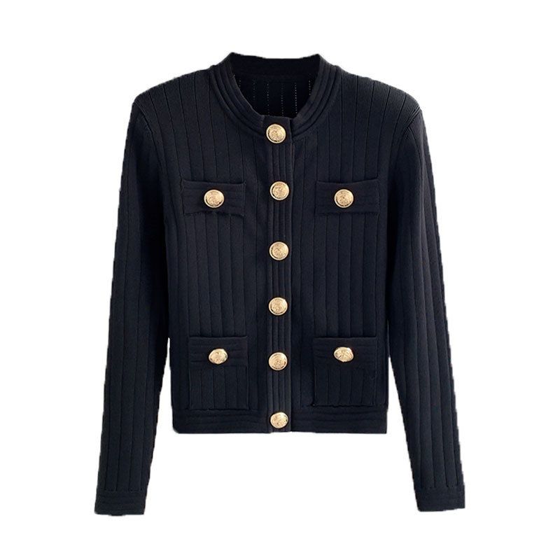 Damen-Strickjacke mat Metallschnalle, damenäht Temperament, Duebeltaschendesign, Ofschlankungstop fir Fraen_voghion.com