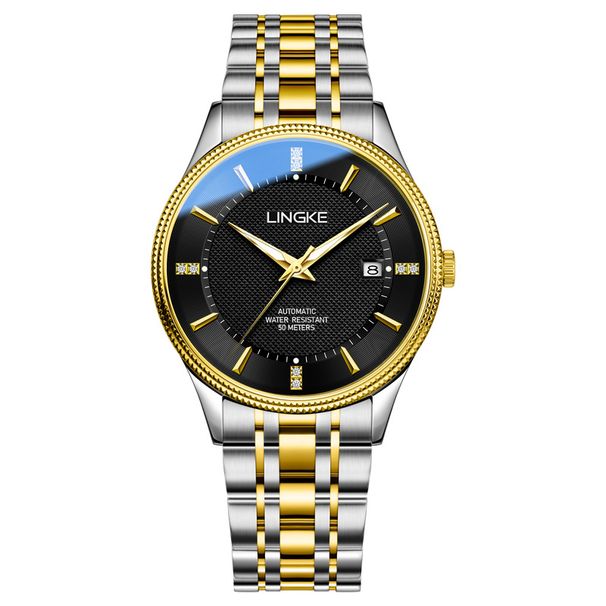 Orologio meccanico automatico da uomo con cinturino in acciaio inossidabile, cristallo zaffiro, resistente all'acqua, indicatore della data, lancette luminose, stile business_voghion.com