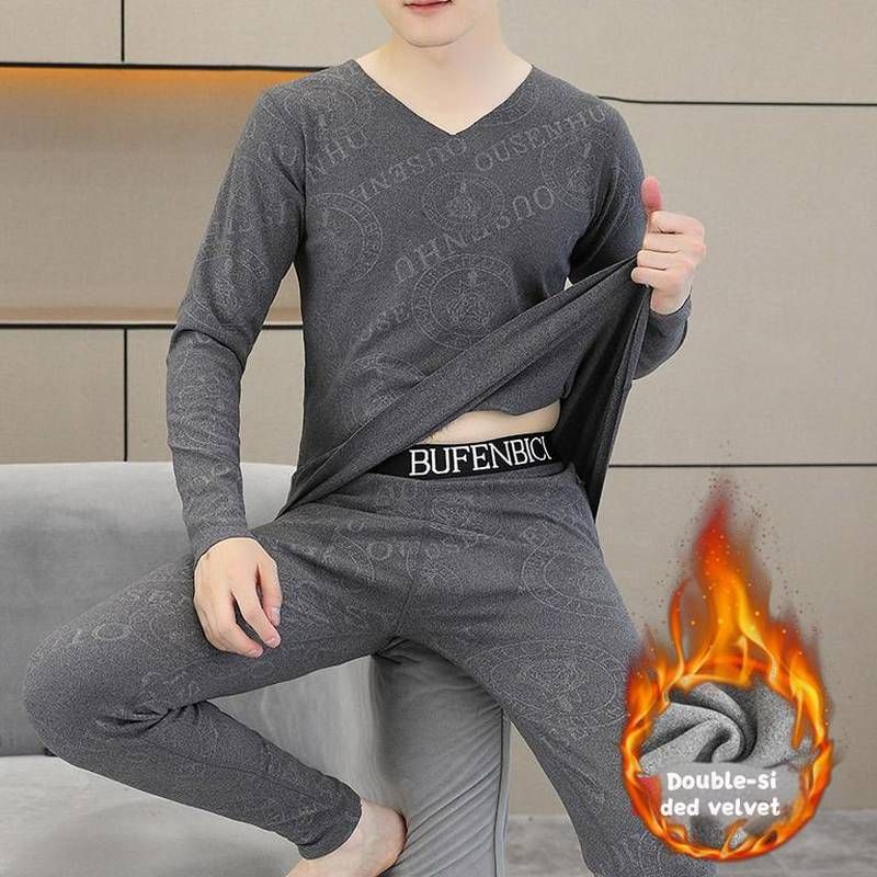 ​Men's Thermal Underwear Set - V-Neck Fleece-Lined Long Sleeve Shirt & Pants, Cotton Blend, Winter Warm Base Layer For Young Adults​_voghion.com