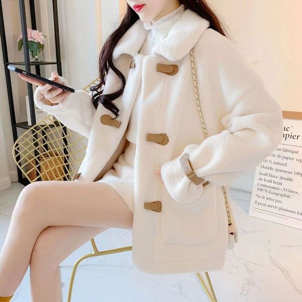 Kurze Teddyfleecejacke für Damen – gemütlicher Wintermantel mit Reverskragen, A-Linien-Silhouette, mehreren Taschen, erhältlich in Weiß und Beige (S-4XL)_voghion.com