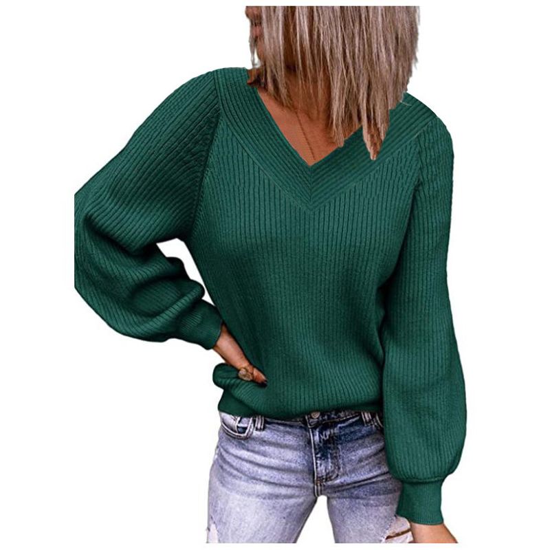 Maglione pullover a tinta unita con scollo a V in maglia larga, autunno e inverno 2024, per donna_voghion.com