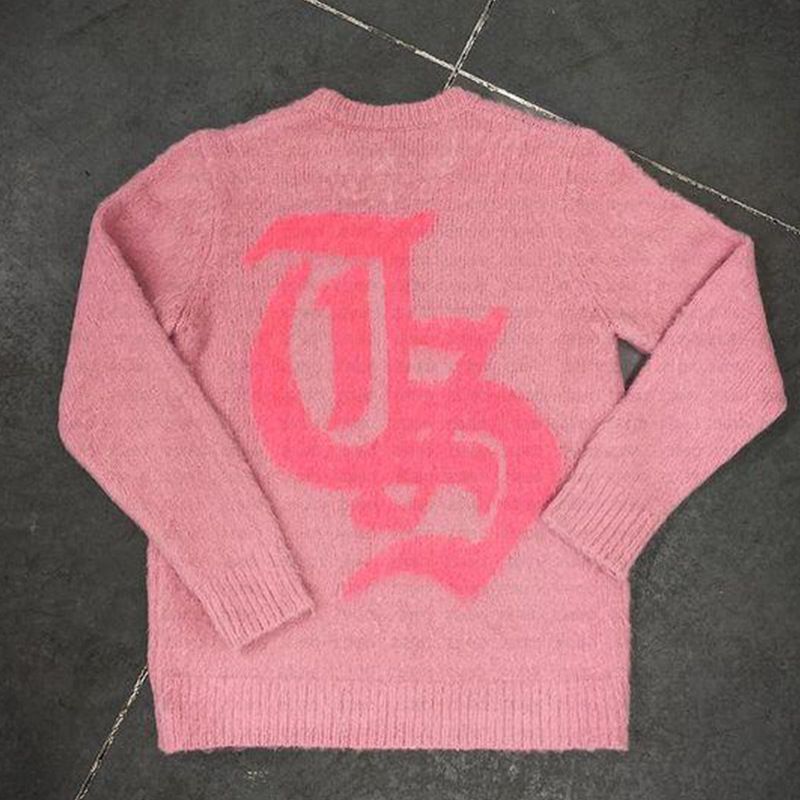 "Suéter de malha oversized com letras - Pulôver unissex de acrílico com design de texto em jacquard para uso casual"_voghion.com