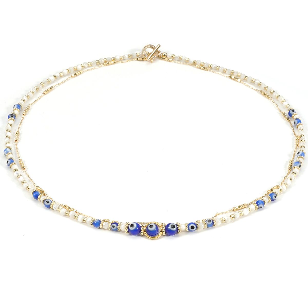 Klaasist kuradisilma ümmargused helmed, kest, 14K kullatud OT pandlaga kahekihiline kaelakee rangluu ketiga_voghion.com