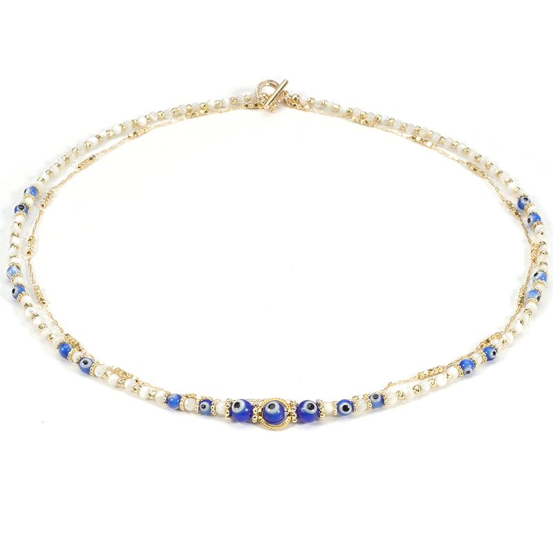 Collier double couche avec perles rondes en verre œil du diable et coquillage en or 14 carats avec boucle OT et chaîne de clavicule_voghion.com