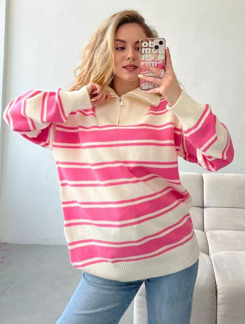 Half zip lapel contrasting loose oversized striped knit sweater jacket_voghion.com